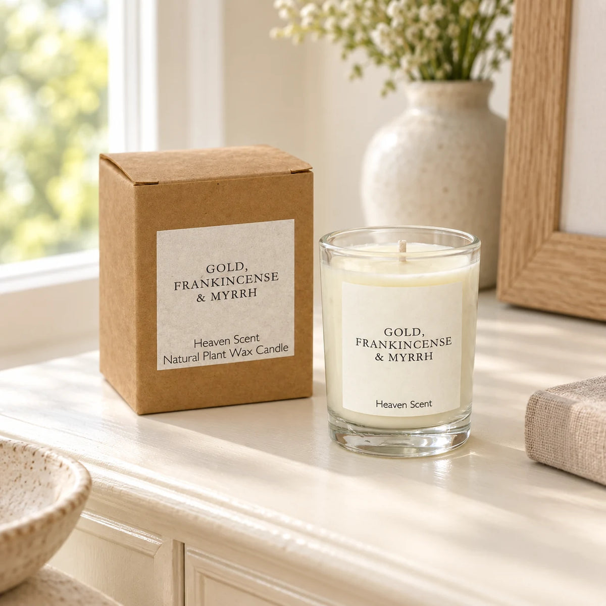 Small gold frankincense and myrrh candle by Heaven Scent Incense Ltd, featuring a decorative gold finish and elegant design.