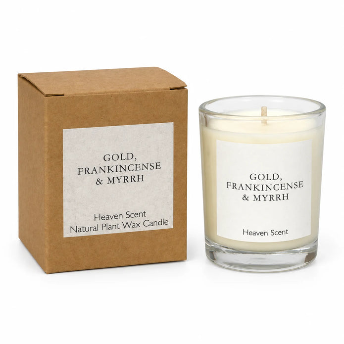 Small gold Frankincense and Myrrh candle by Heaven Scent Incense Ltd, featuring a gold-colored wax finish and a wick at the center.