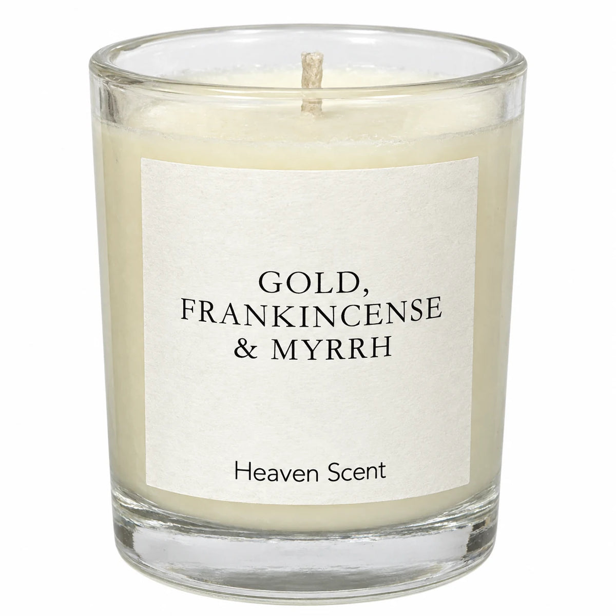 Small gold Frankincense and Myrrh candle by Heaven Scent Incense Ltd with a detailed studio label design.
