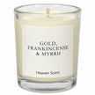 Small gold Frankincense and Myrrh candle by Heaven Scent Incense Ltd with a detailed studio label design.