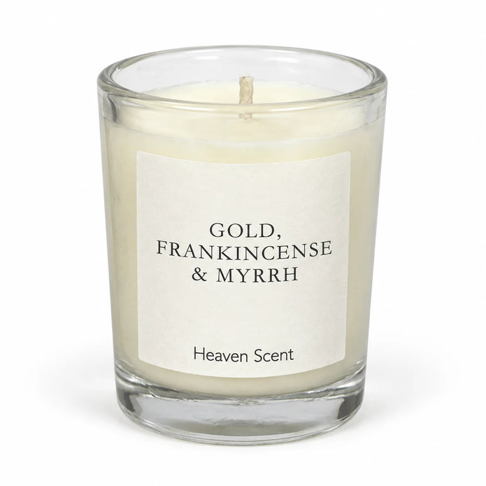 Small gold Frankincense and Myrrh candle from Heaven Scent Incense Ltd, featuring detailed wax finish and warm-toned design.