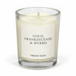 Small gold Frankincense and Myrrh candle from Heaven Scent Incense Ltd, featuring detailed wax finish and warm-toned design.