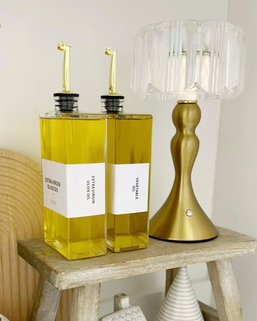 Gold Glass Oil Dispenser Bottles – Pourer and Label Set - Kitchen & DiningKitchen & Dining - Lulu Loves Home