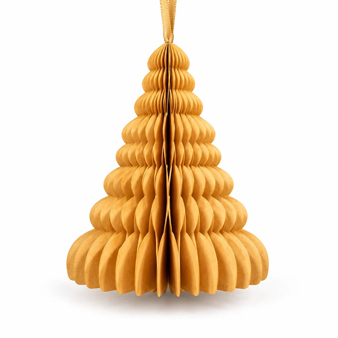 Close view of one gold paper tree showing scalloped folds and ribbon attachment.