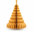 Close view of one gold paper tree showing scalloped folds and ribbon attachment.