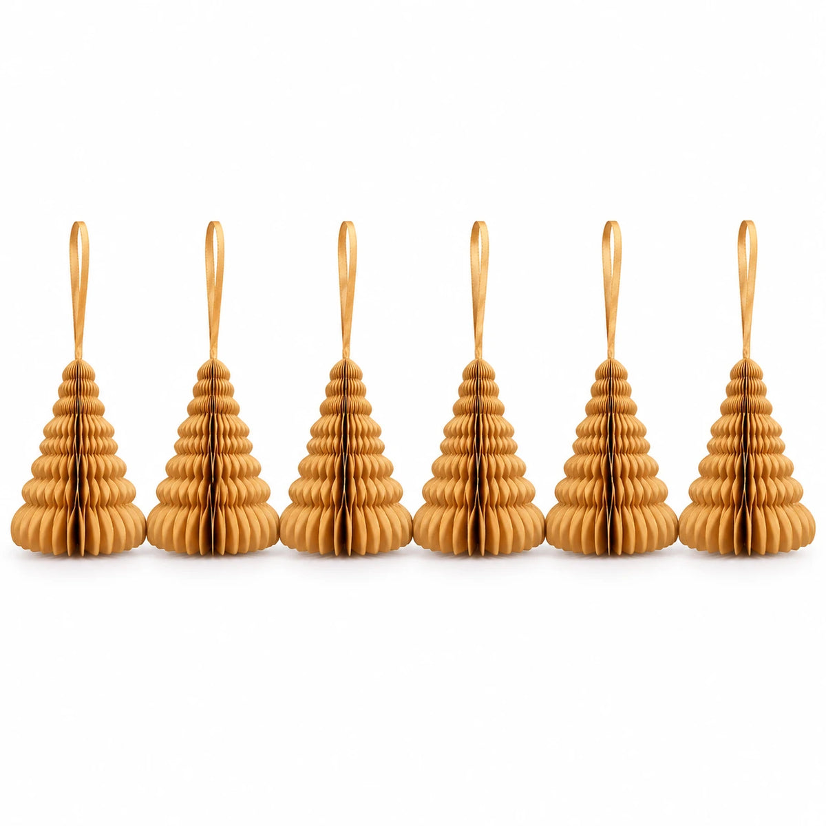 Complete set of six gold hanging paper trees with matching ribbons on white.