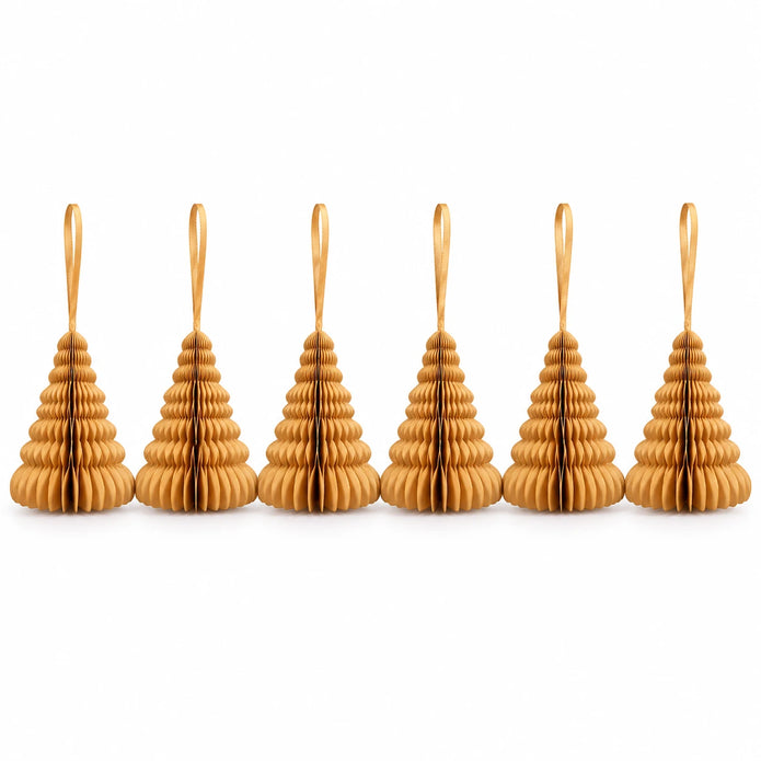 Complete set of six gold hanging paper trees with matching ribbons on white.