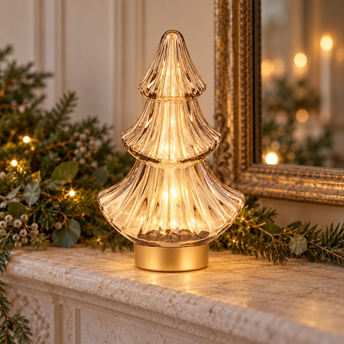Gold LED Christmas tree lamp by Candlelight Products Ltd, illuminated decorative Christmas tree for festive holiday decor.