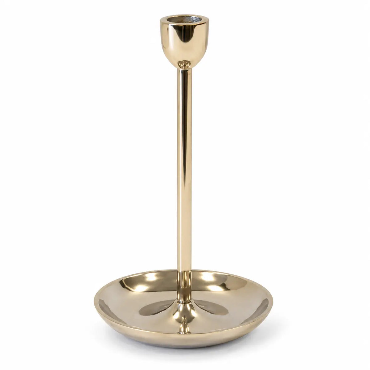 large gold metal candlestick holder empty on a white studio background
