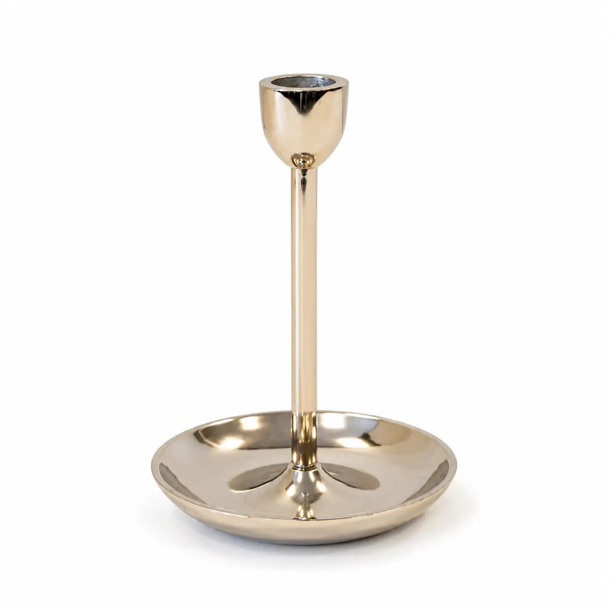 Small gold metal candlestick holder by Satchville, featuring a sleek design perfect for holding a standard candle.