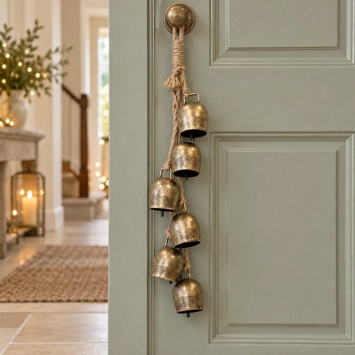 Gold six-cowbell hanging garland on a sage interior door