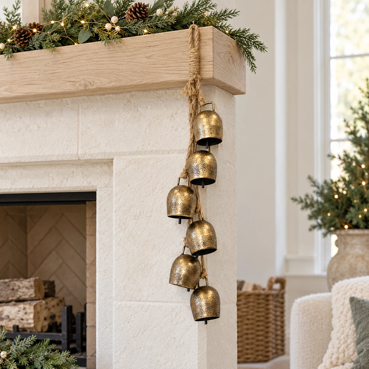 Six antiqued gold cowbells on jute rope hanging at the end of a Christmas mantel
