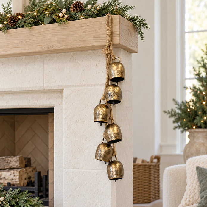Six antiqued gold cowbells on jute rope hanging at the end of a Christmas mantel