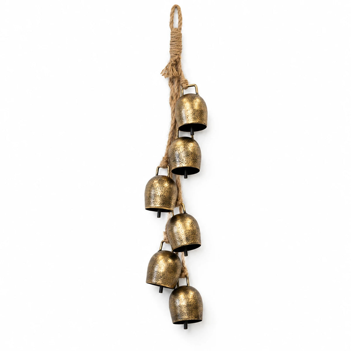 Complete six-cowbell gold garland with natural jute hanging loop on a white background