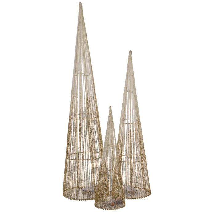 Set of three graduated gold Sparkly TreeBelisk cones against white.