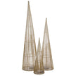 Set of three graduated gold Sparkly TreeBelisk cones against white.