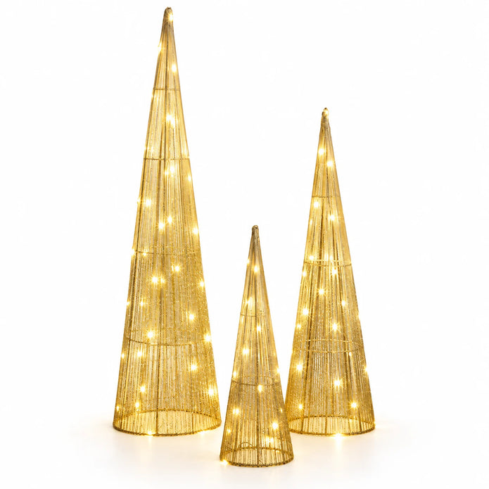 Three gold TreeBelisk cone trees with warm lights on a white studio background.