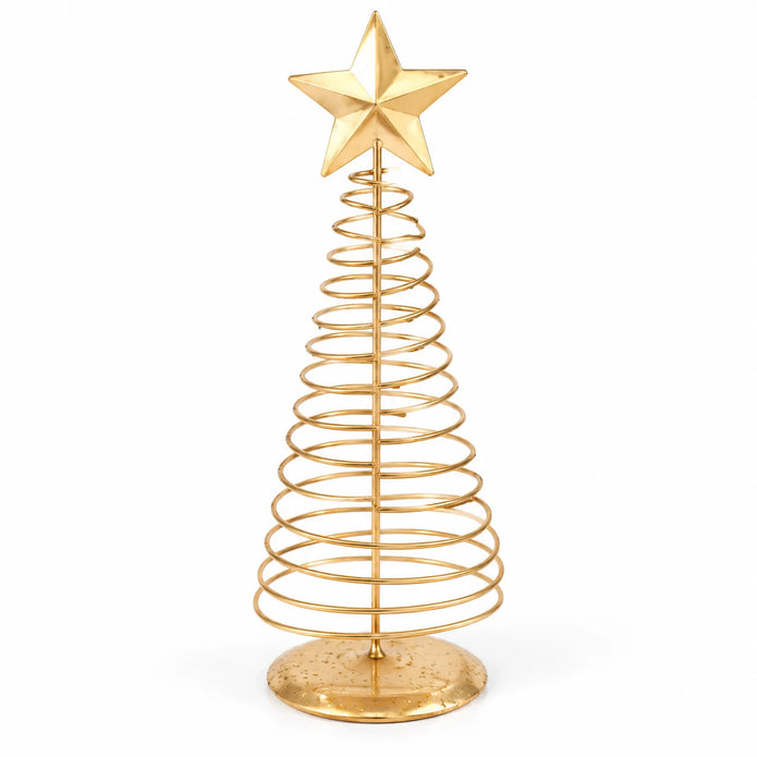 Gold metal spiral Christmas tree, large studio view (open coil)