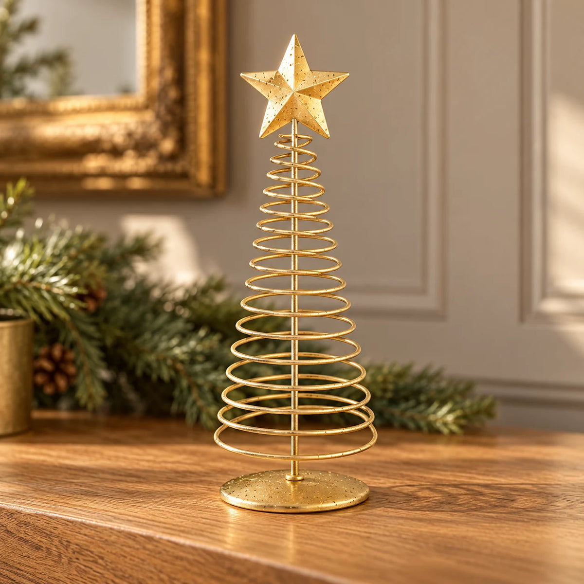 Gold metal spiral Christmas tree, large styled console view (open coil)