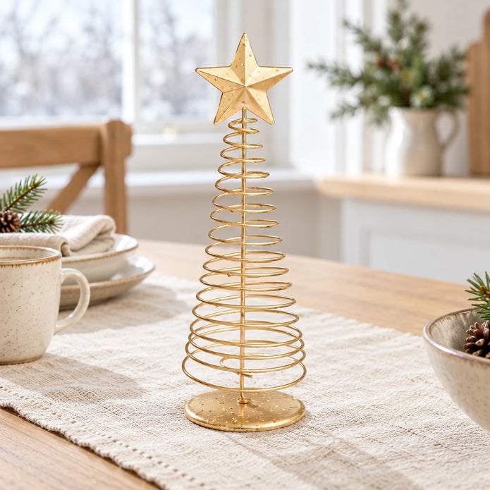Gold metal spiral Christmas tree, large styled kitchen view (open coil)