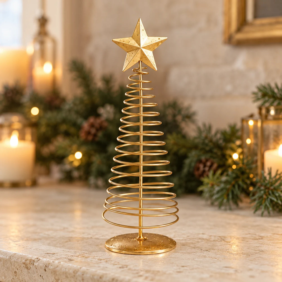 Gold metal spiral Christmas tree, large styled mantel view (open coil)