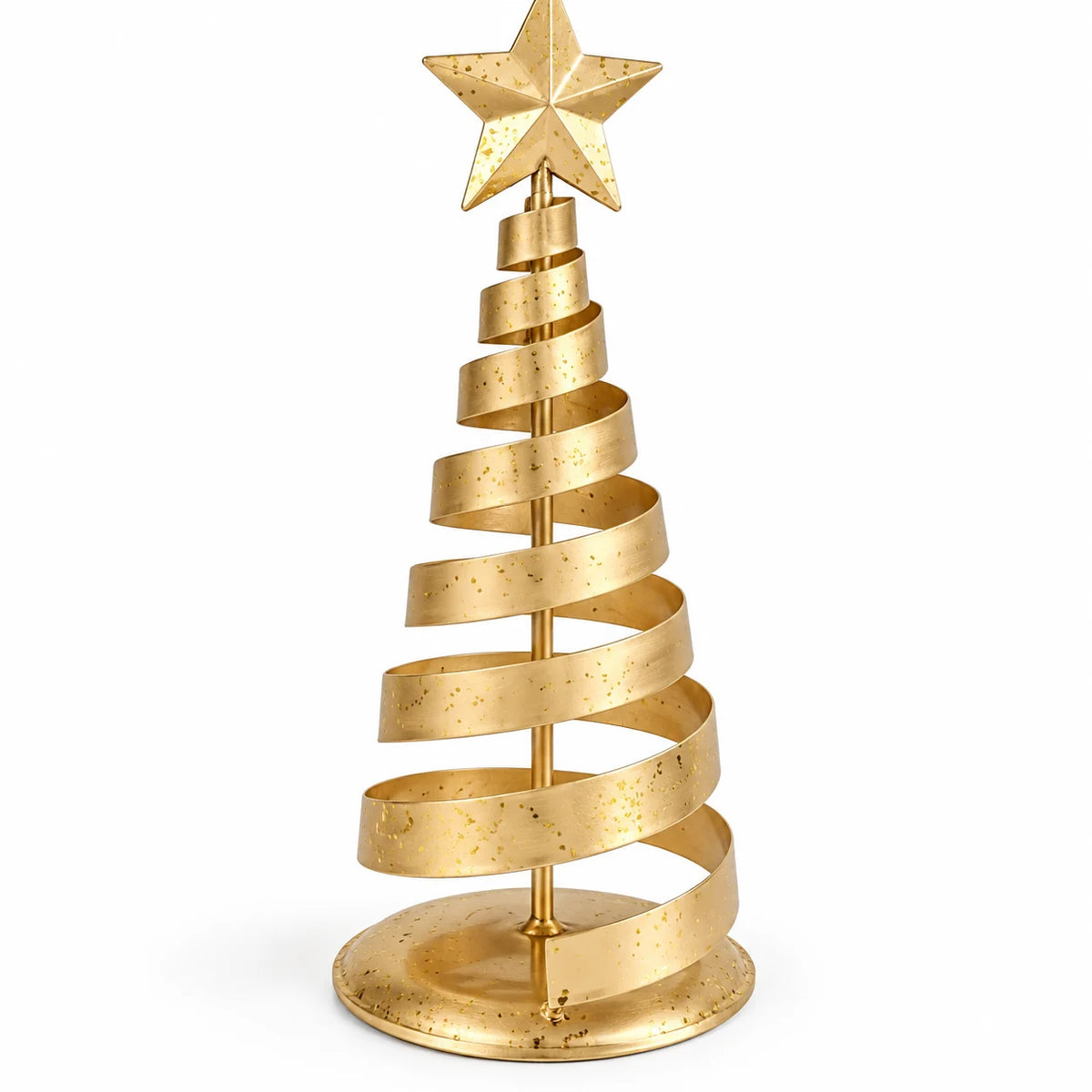Gold metal spiral Christmas tree, medium styled console view (broad ribbon)