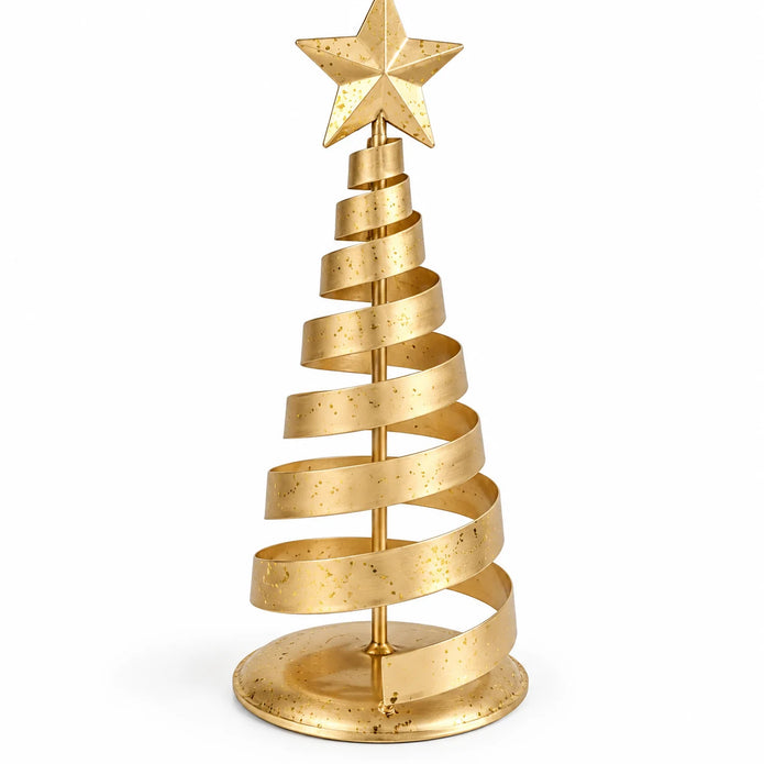 Gold metal spiral Christmas tree, medium styled console view (broad ribbon)