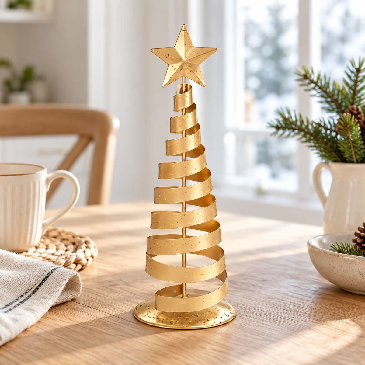 Gold metal spiral Christmas tree, medium styled kitchen view (broad ribbon)
