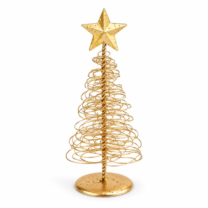 Gold metal spiral Christmas tree, small studio view (fine wire)