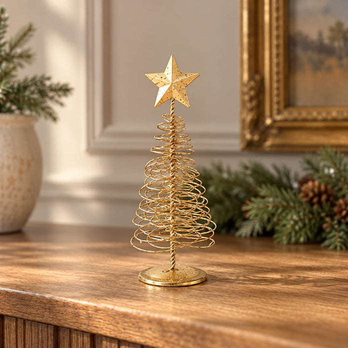 Gold metal spiral Christmas tree, small styled console view (fine wire)
