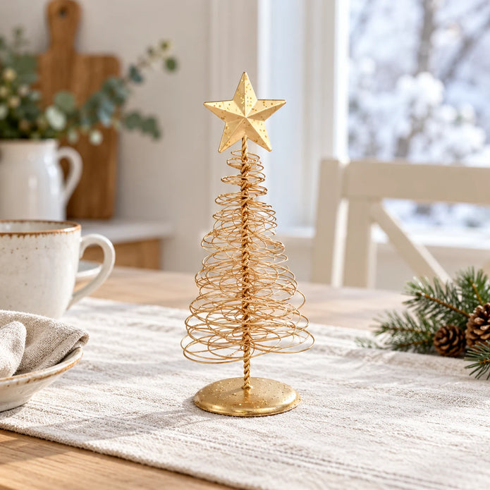 Gold metal spiral Christmas tree, small styled kitchen view (fine wire)