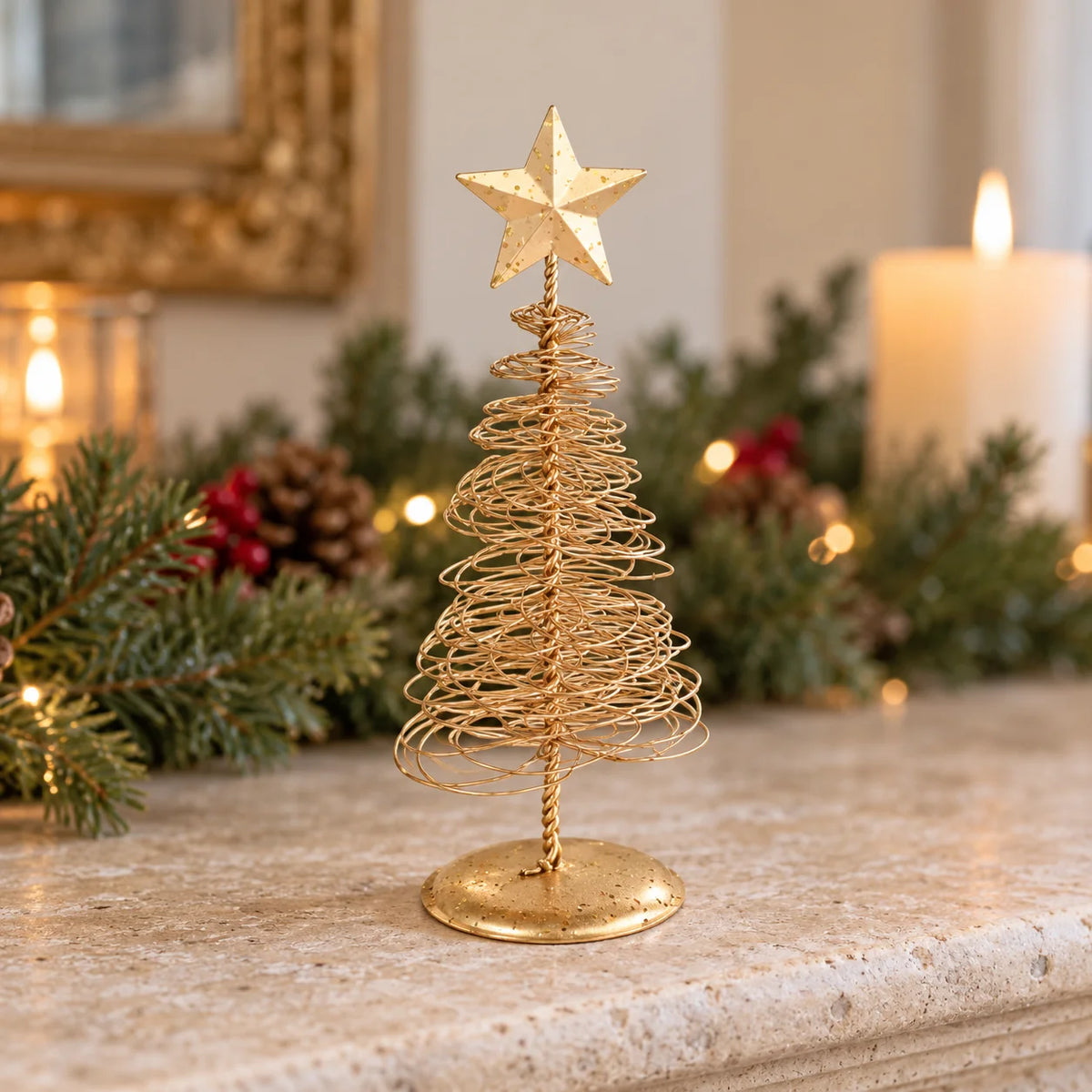 Gold metal spiral Christmas tree, small styled mantel view (fine wire)