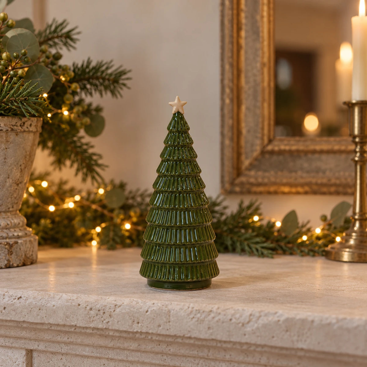 Green ceramic Christmas tree by Satchville, 20cm mantel decoration