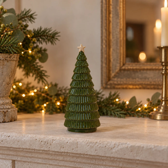 Green ceramic Christmas tree by Satchville, 20cm mantel decoration