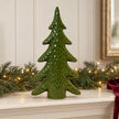 Satchville extra large green ceramic Christmas tree ornament displayed on a mantel