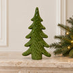 Green ceramic Christmas tree ornament, medium Satchville holiday decor displayed on a mantel