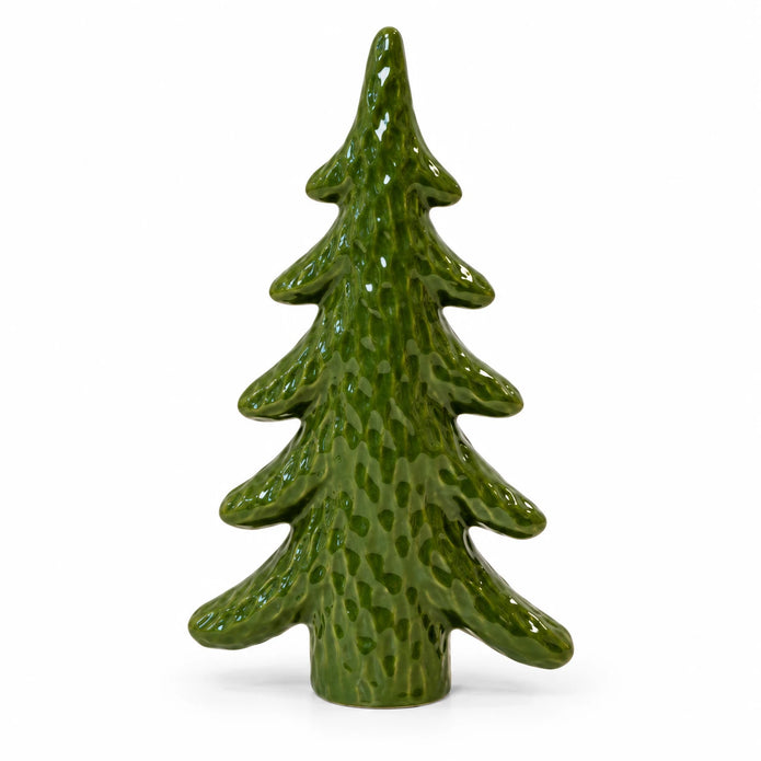 Green ceramic Christmas tree ornament by Satchville, medium size, photographed against a white background