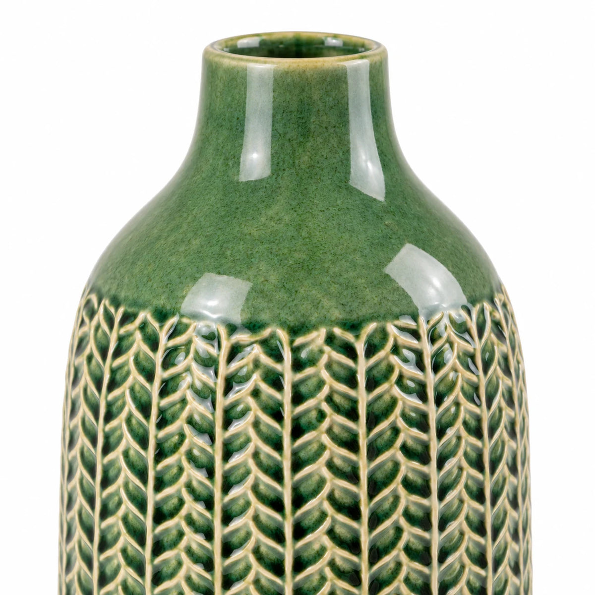 medium green ceramic vase close-up showing glossy green glaze and cream leaf-patterned detailing on white