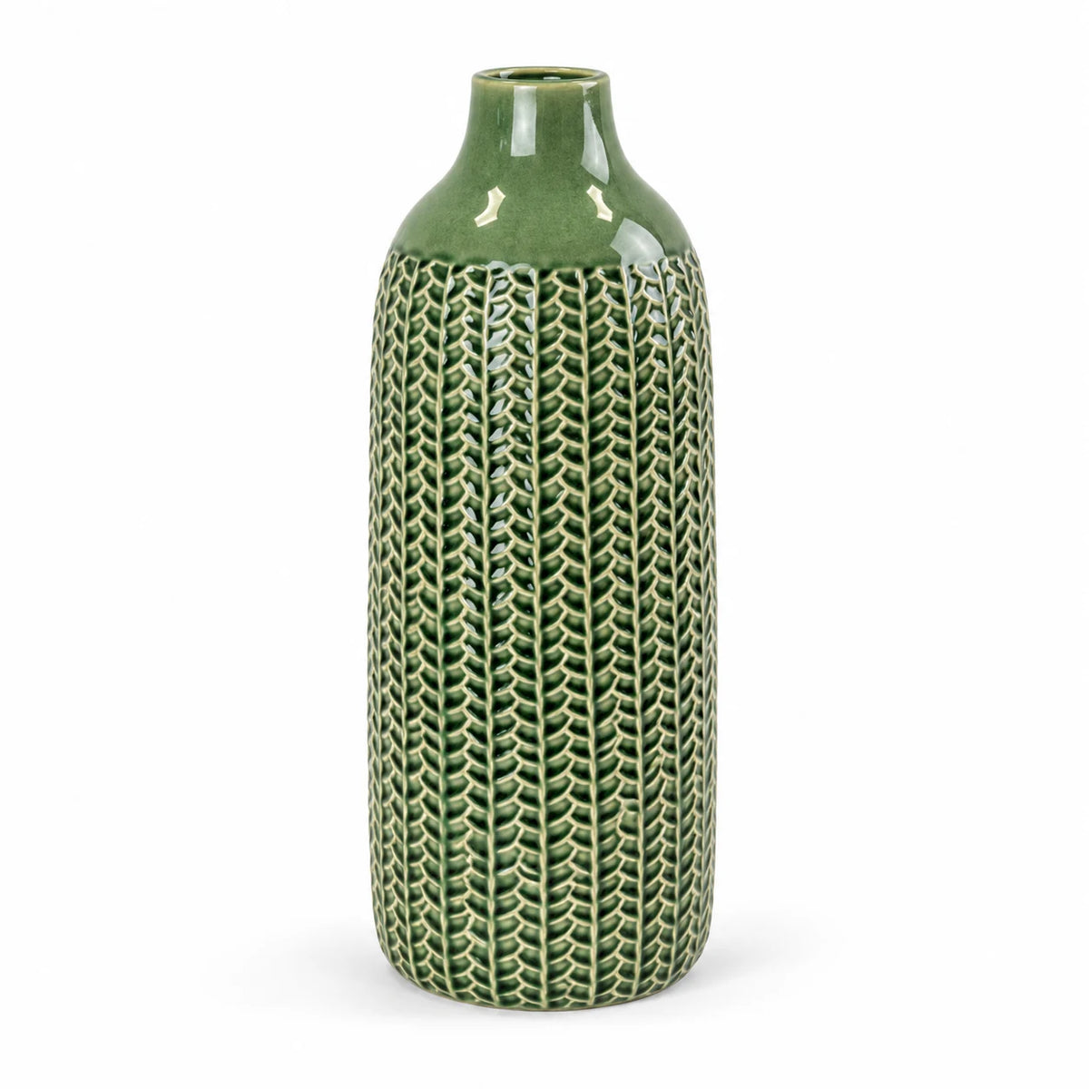 medium green ceramic vase complete and empty on a white background