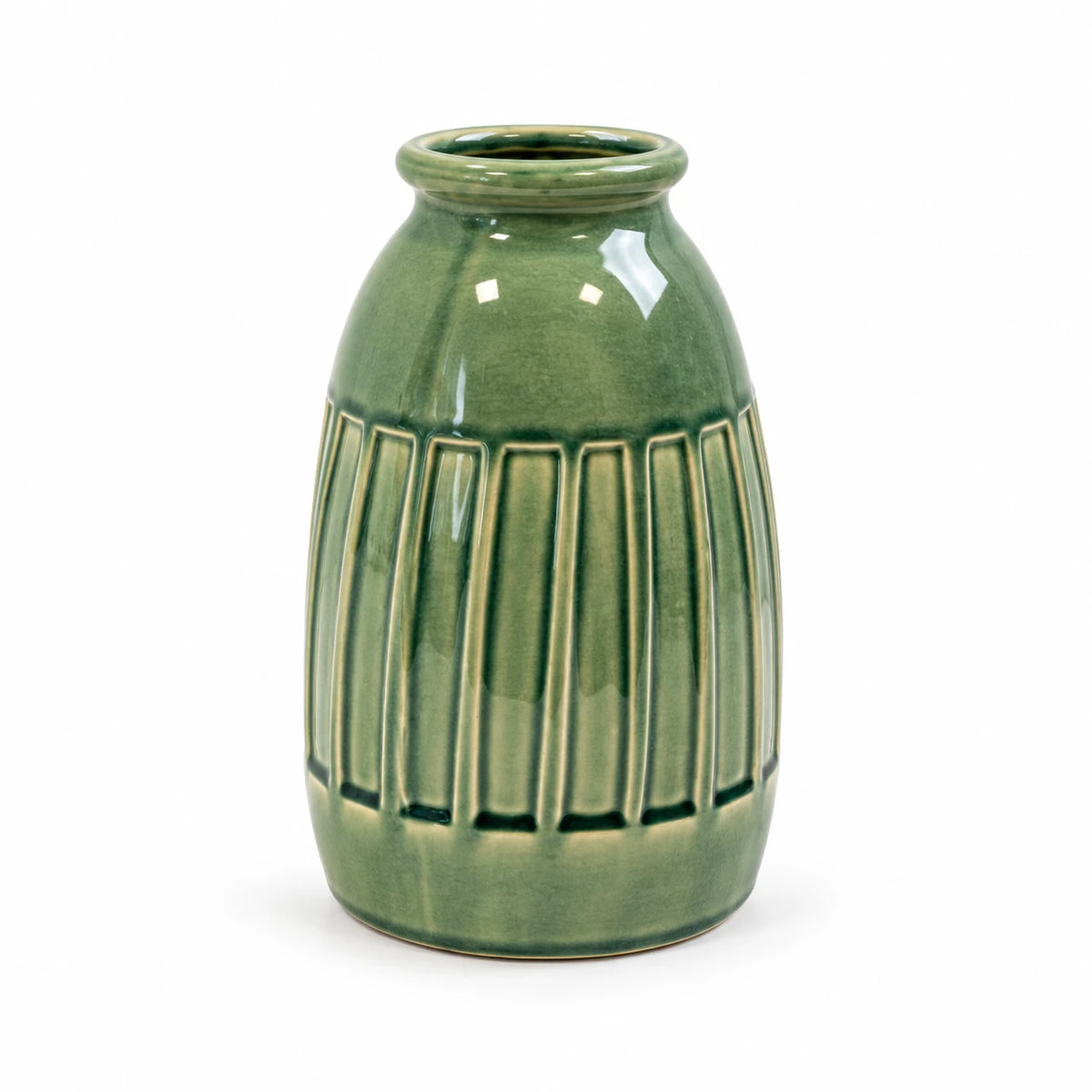 Medium green ceramic vase empty and alone on pure white seamless background.