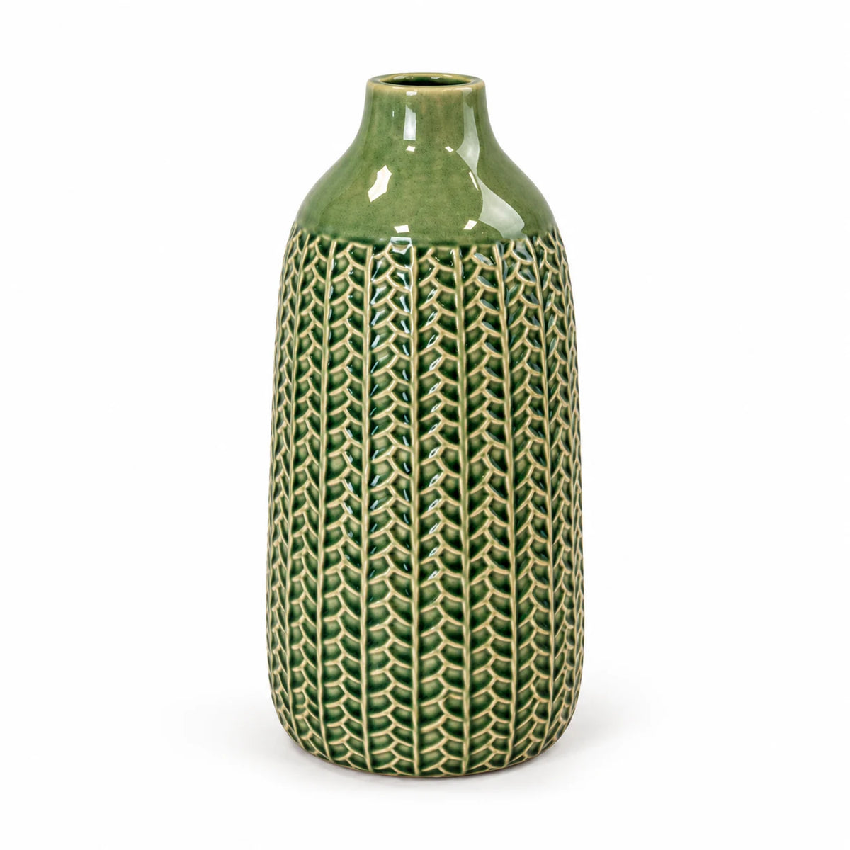 small green ceramic vase complete and empty on a white background