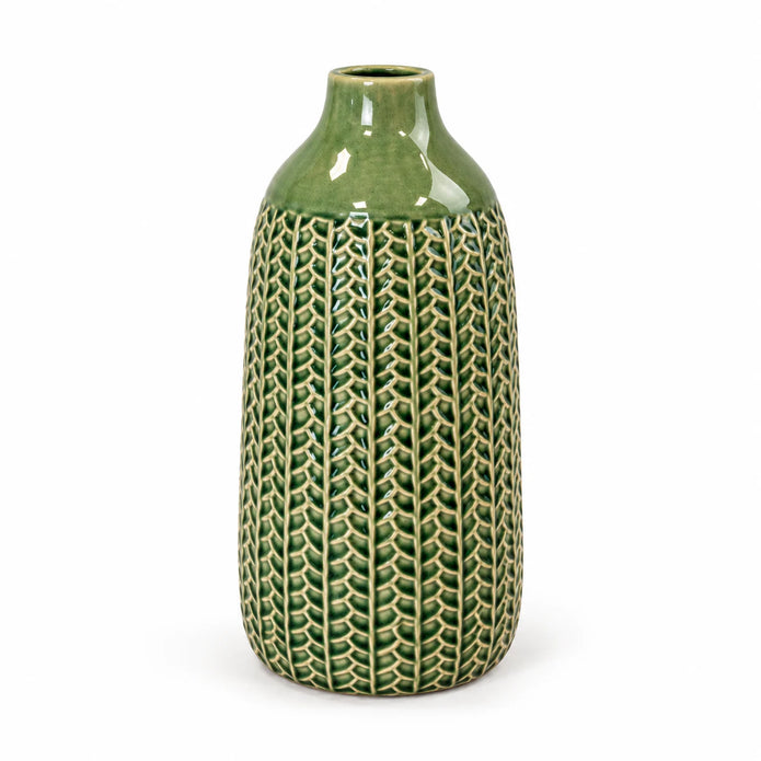 small green ceramic vase complete and empty on a white background