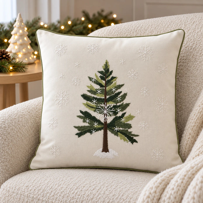 Green Christmas tree embroidered cushion cover styled on a cream boucle armchair with neutral Christmas decor.