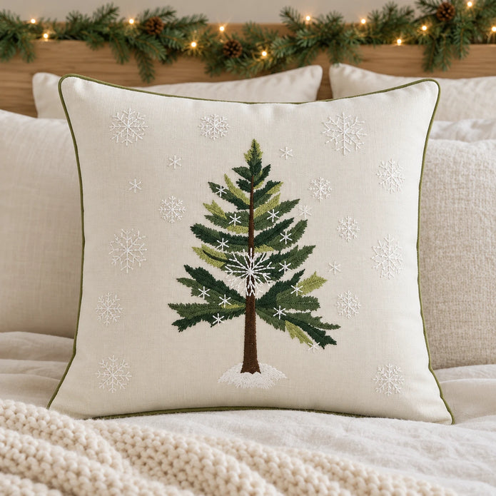 Cream cushion cover with an embroidered green tree and white snowflakes styled on ivory Christmas bedding.
