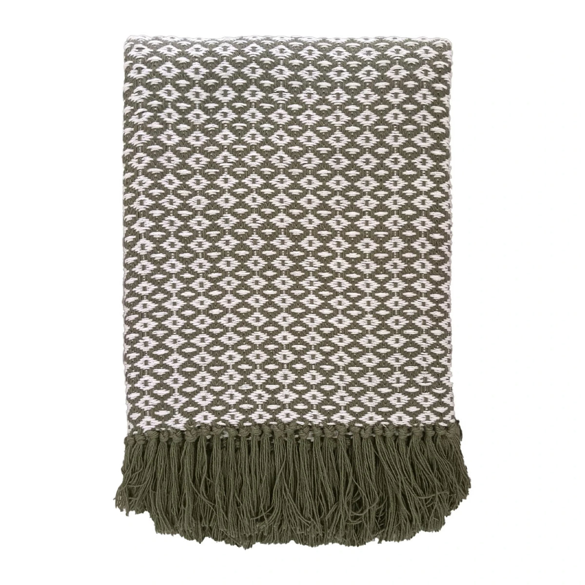 Olive Green Diamond Weave Cotton Throw Blanket, folded olive and cream diamond-patterned throw with fringe