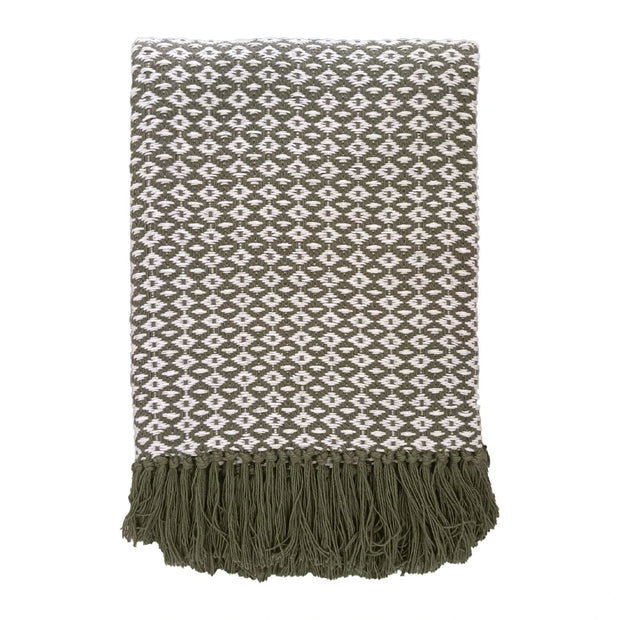Olive Green Diamond Weave Cotton Throw Blanket, folded olive and cream diamond-patterned throw with fringe