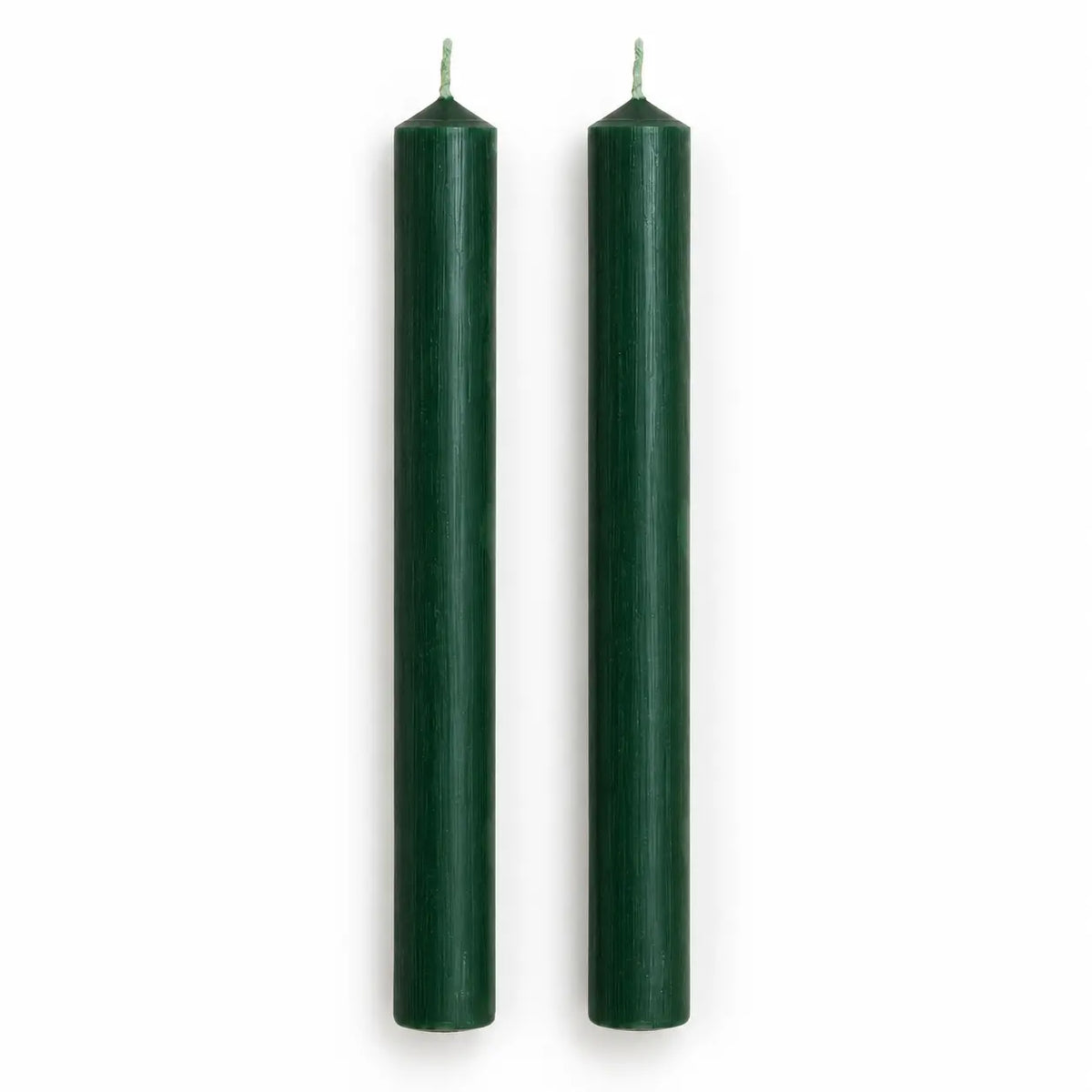 Set of two 8-inch green dinner candles, full-length unlit studio view on white.