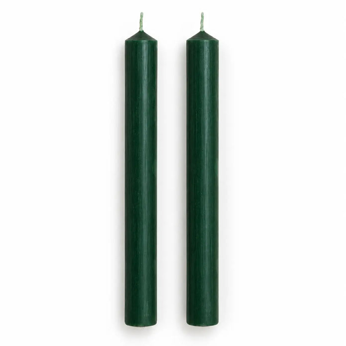 Set of two 8-inch green dinner candles, full-length unlit studio view on white.