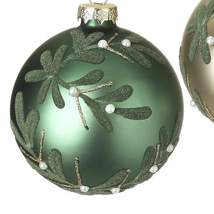Green and gold 8cm mistletoe bauble colour options with pearl berries against a white background, sold individually