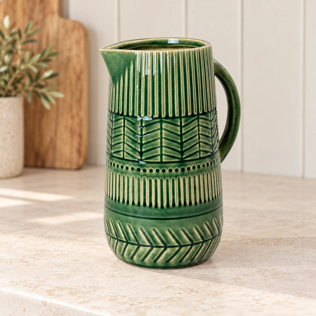 Large green ceramic floral vase by Satchville, featuring a wide body and decorative floral design, ideal for kitchen or home decor.